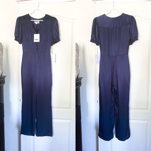 Rouje Jumpsuit Line Satin Buttoned Puff-Sleeve Navy Wedding Marine 34 NWT - Picture 2 of 10